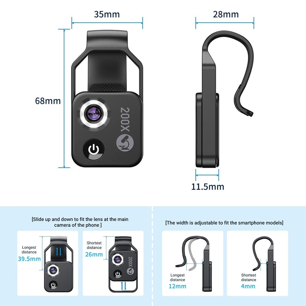 200X Universal Mobile Phone Microscope Camera Lens Stick with 6 LED lights