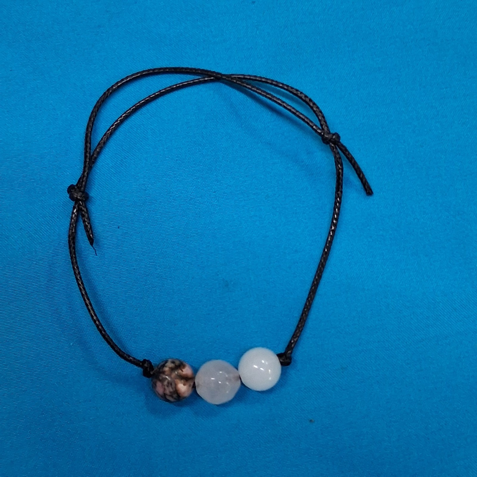 Vintage Pink & White Quartz & Stone Bead Black Cotton Cord Bangle Bracelet