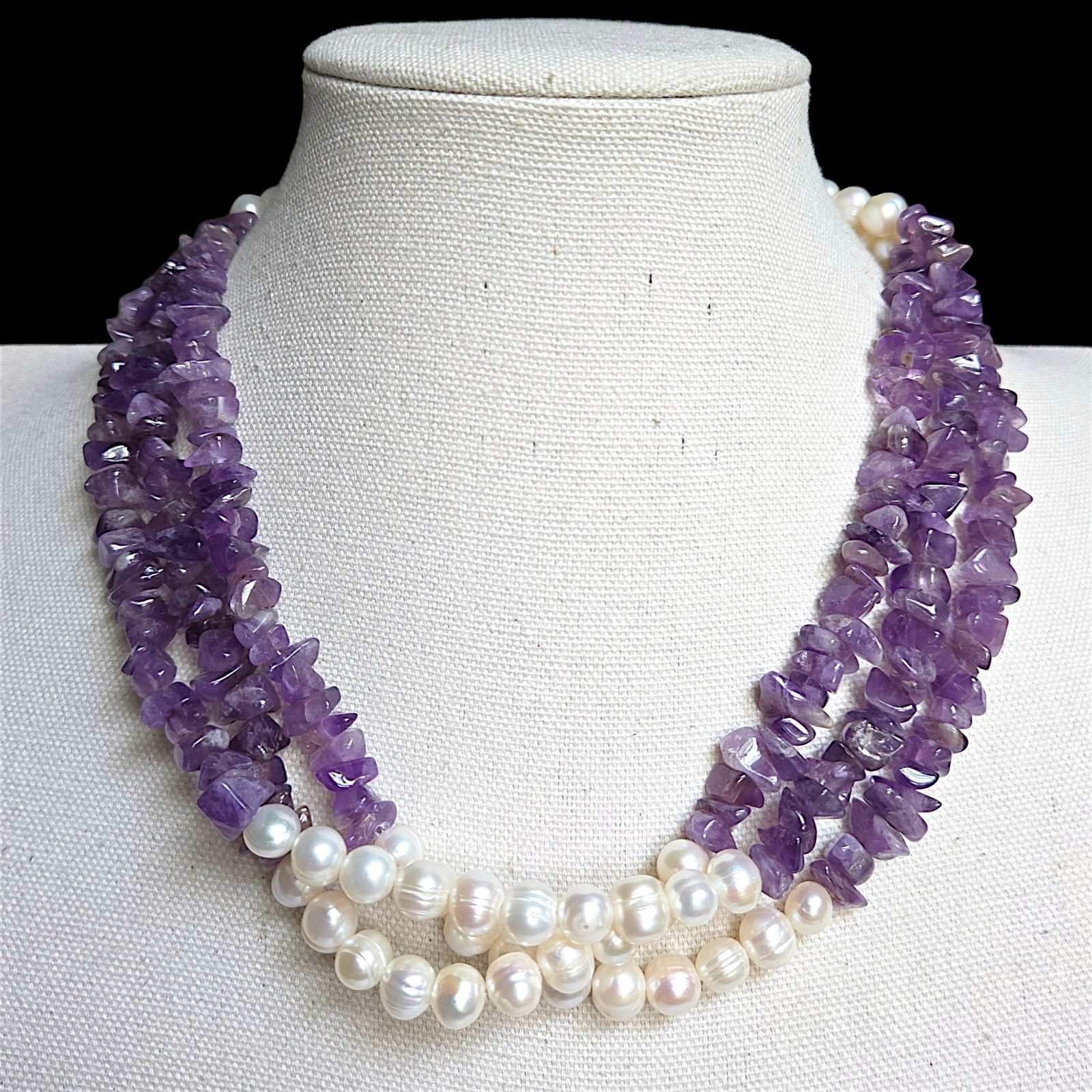 Freshwater Pearl Amethyst Multi Strand Necklace Sterling Toggle Purple White 18″