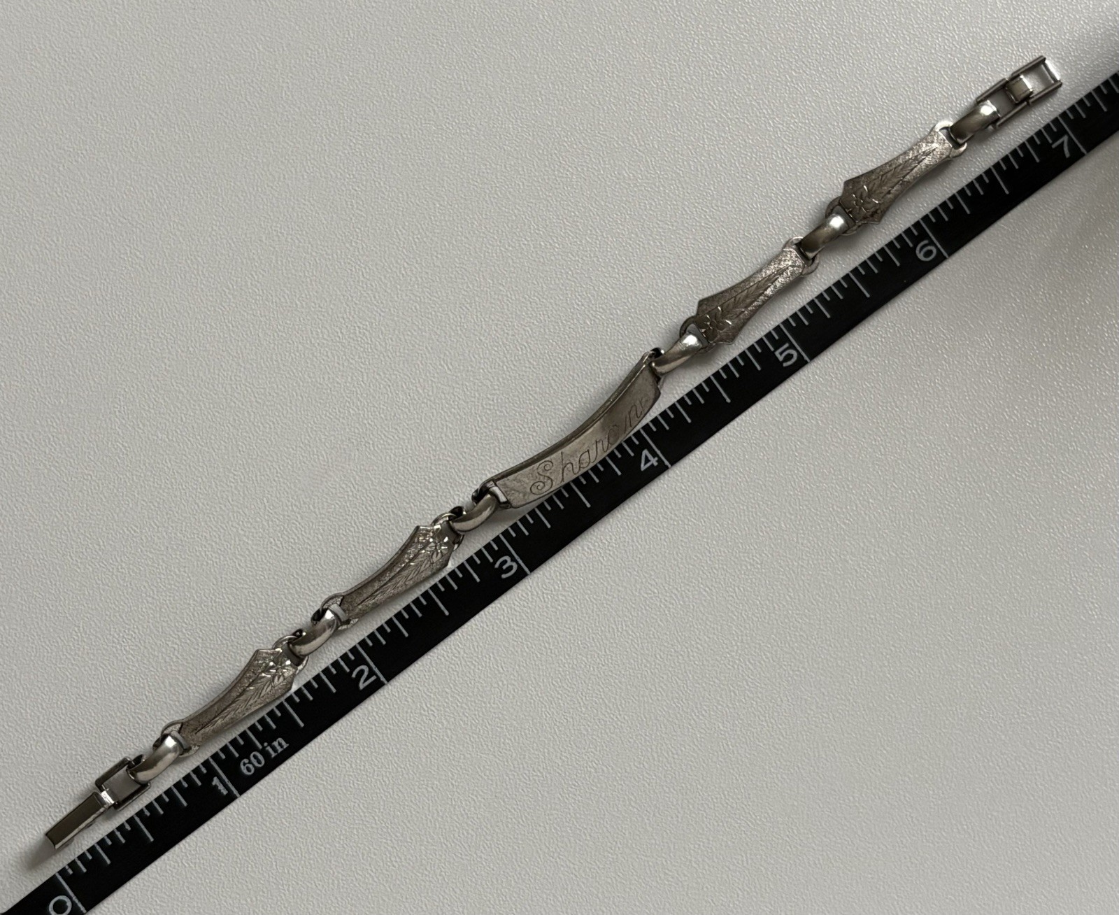 LA MODE Sterling Silver ID Bracelet 7” Floral Vintage Etched SHAROIN 13.58 Grams