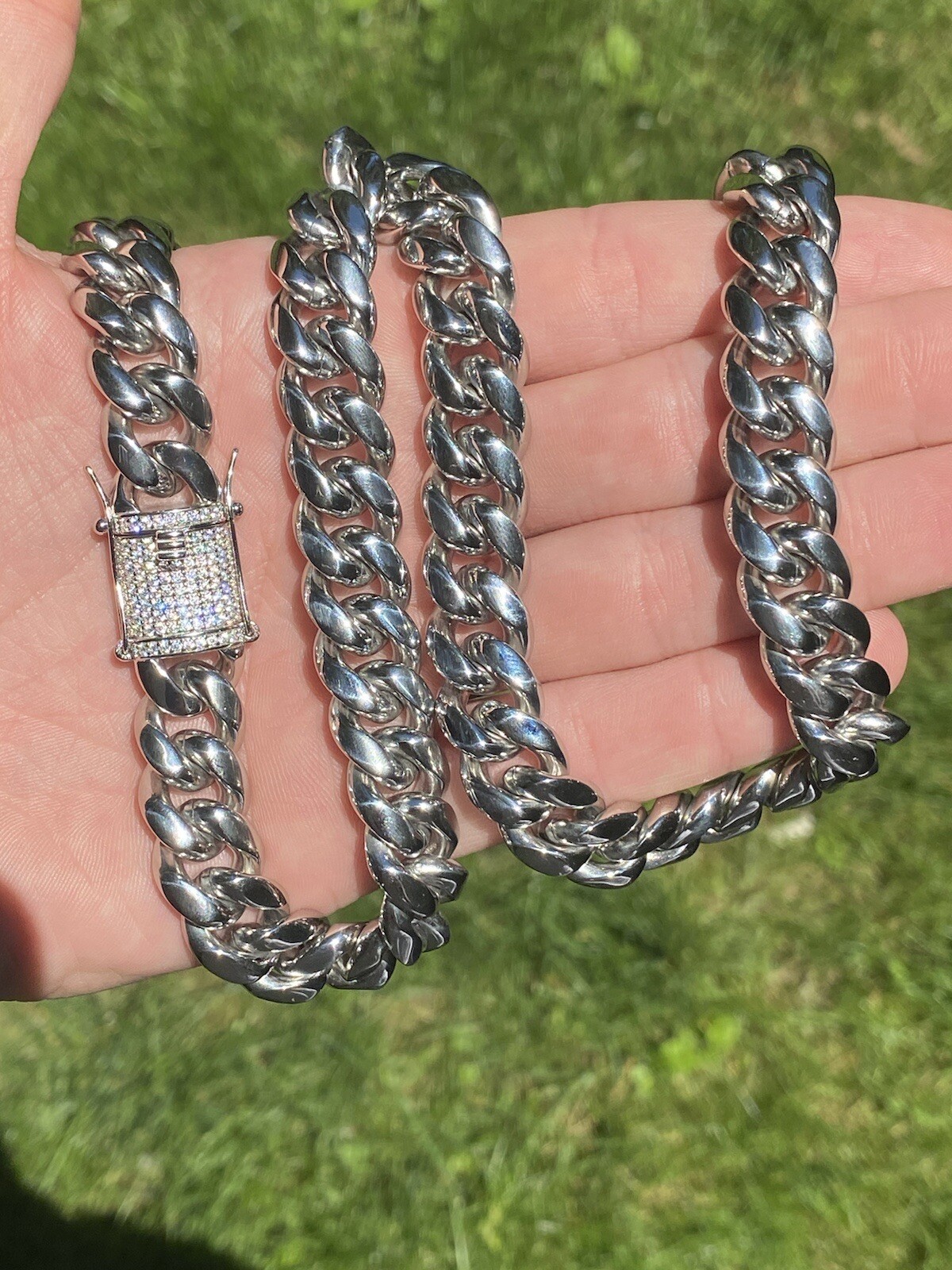Mens Miami Cuban Chain 14k White Gold Plated SS Mens Hip Hop Iced CZ Box Lock