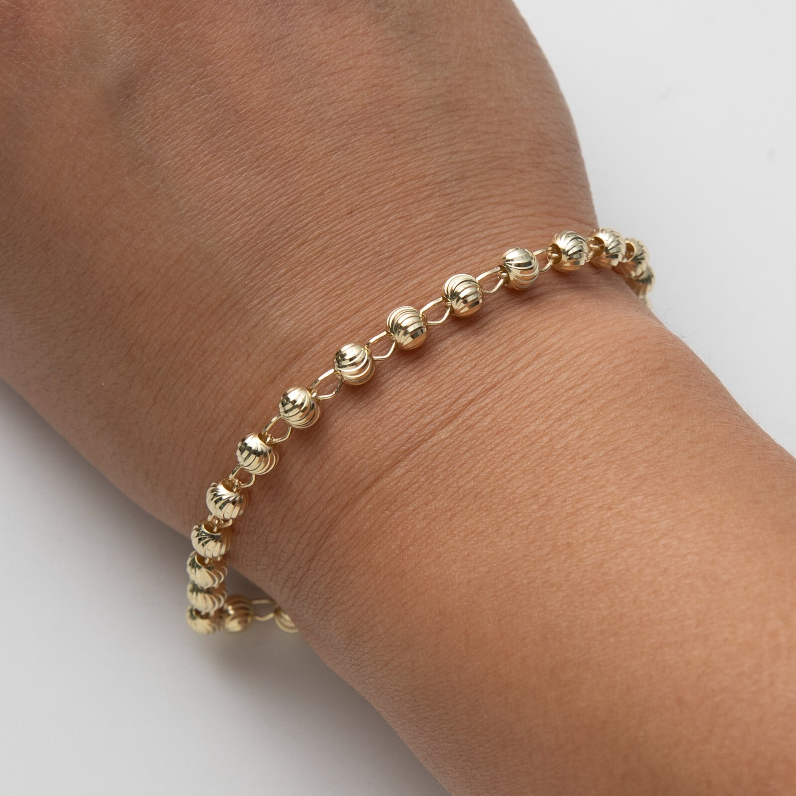 Moon Cut Ball Bead Chain Bracelet Real 10K Yellow Gold