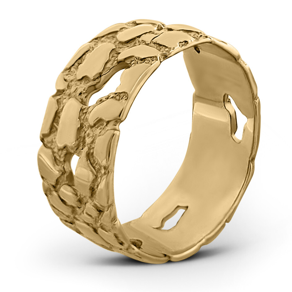 Solid 10K Yellow Gold Mens Nugget Band, 9mm Gold Nugget Ring, Size 5 – 15