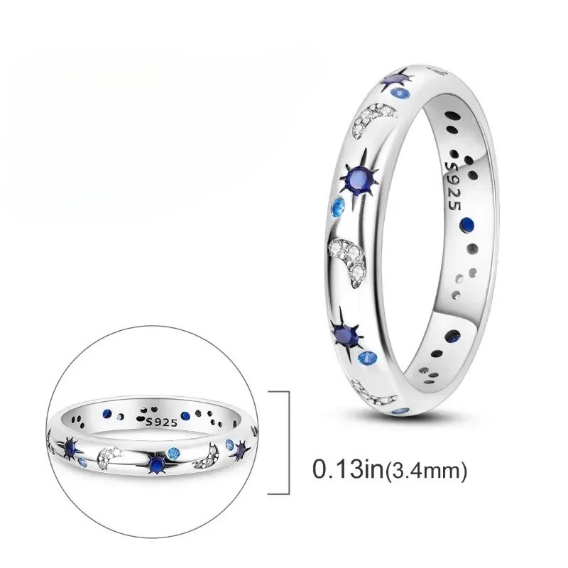 New Celestial Blue Crystal Moon Sun Star Ring Women Elegant Stackable Jewelry