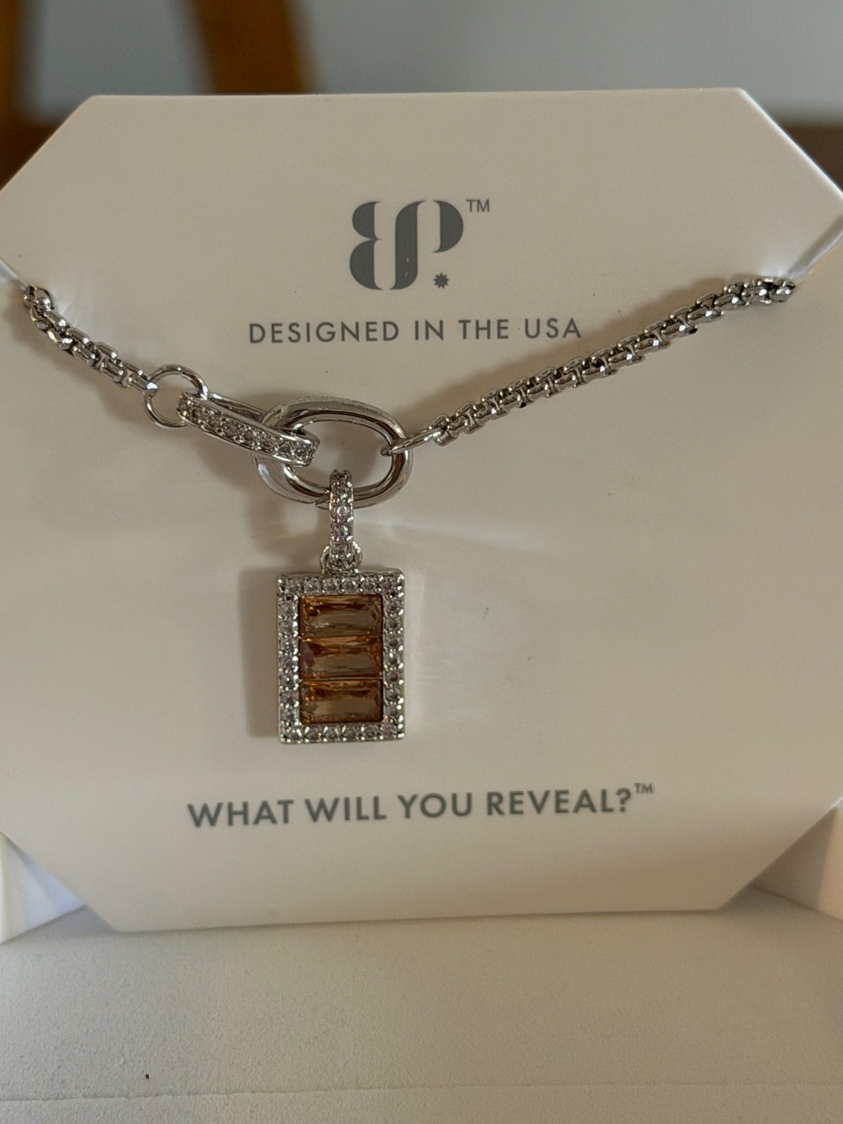 Bomb Party Necklace “Love On The Horizon” Smokey Topaz CZ Rhodium Pl