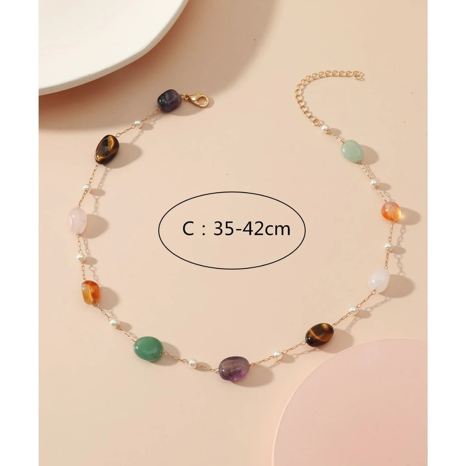 Natural Multi Gemstone Beaded Station Necklace Colorful Crystal Adjustable Gold