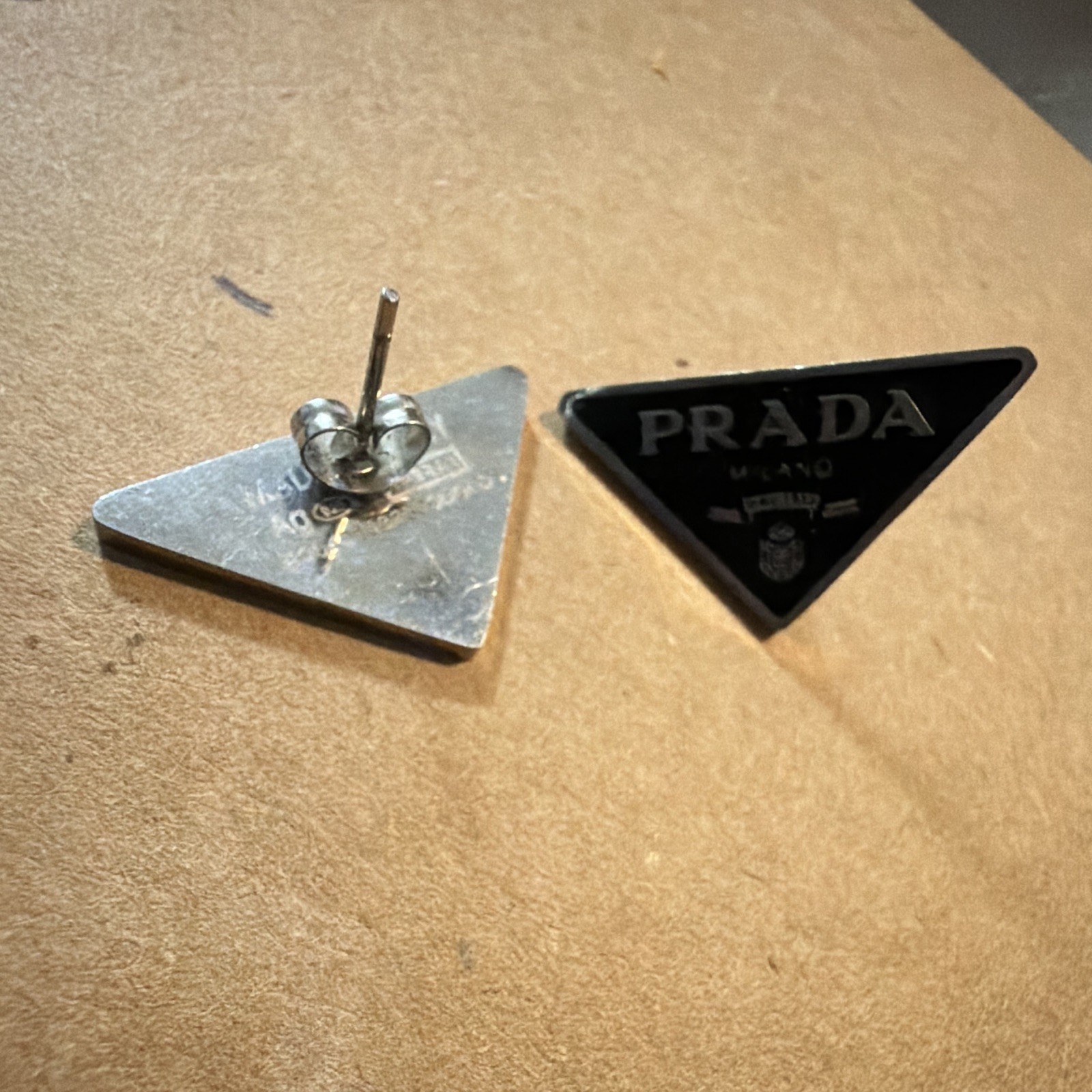 PRADA Milano Signed Triangle Logo Stud Earrings Black/Silver Tone Butterfly