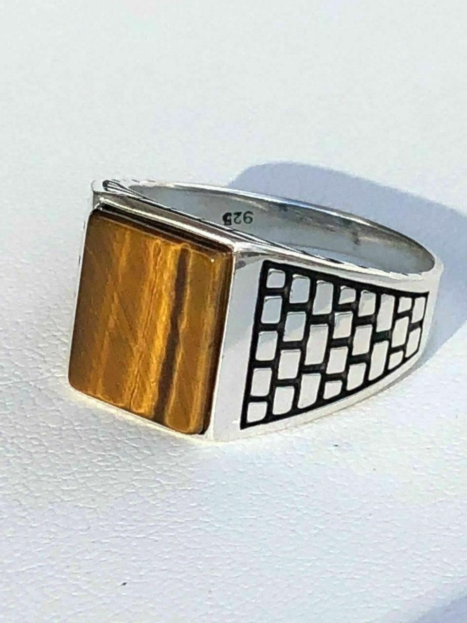 Mens Real Solid 925 Sterling Silver Tiger Eye Square Ring Size 7 8 9 10 11 12 13