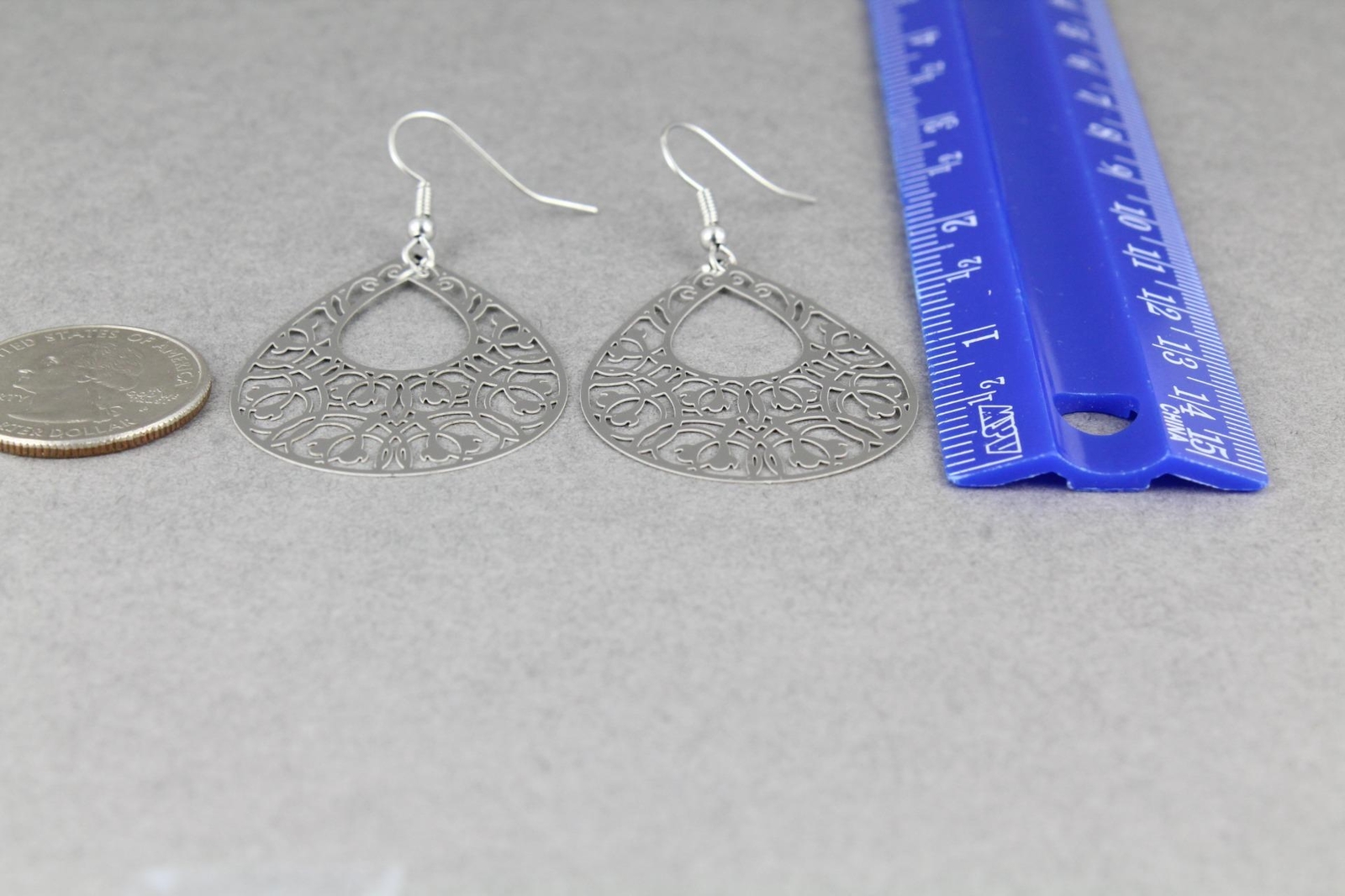 Silver teardrop filigree dangle earrings shiny 2 7/16″ long lightweight scroll