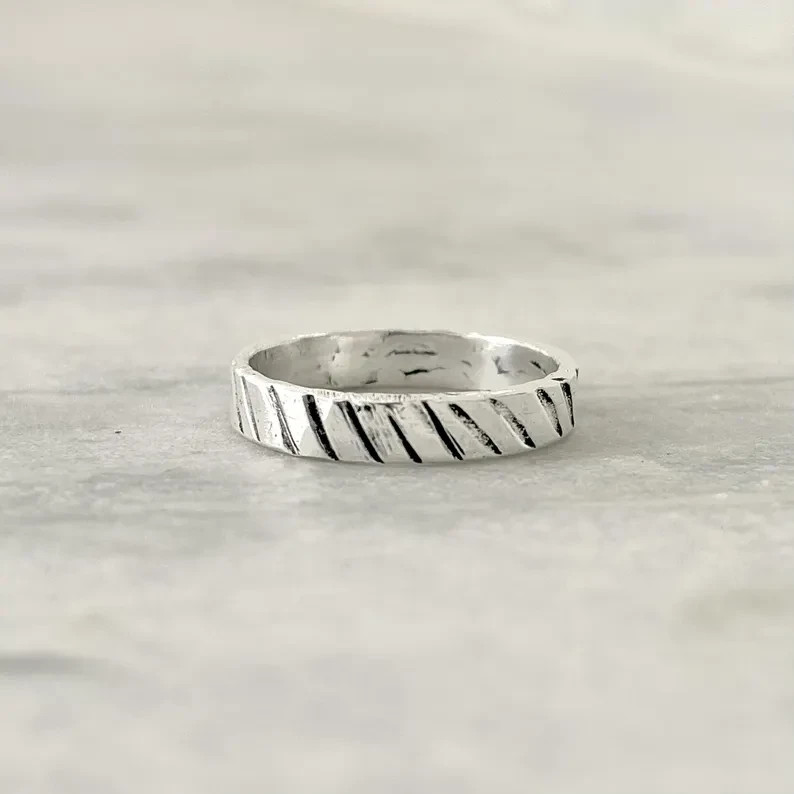 Handmade Sterling Silver Engraved Ring | Minimalist Diagonal Line Band All size