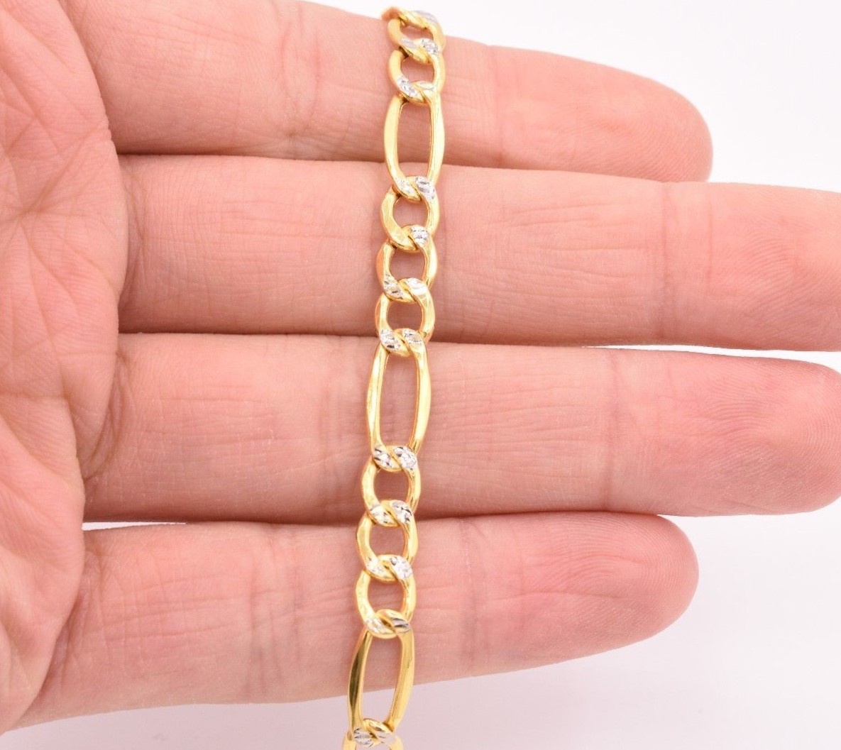 6.5mm Figaro Link Bracelet Pave Two Tone Real Genuine 10K Yellow White Gold
