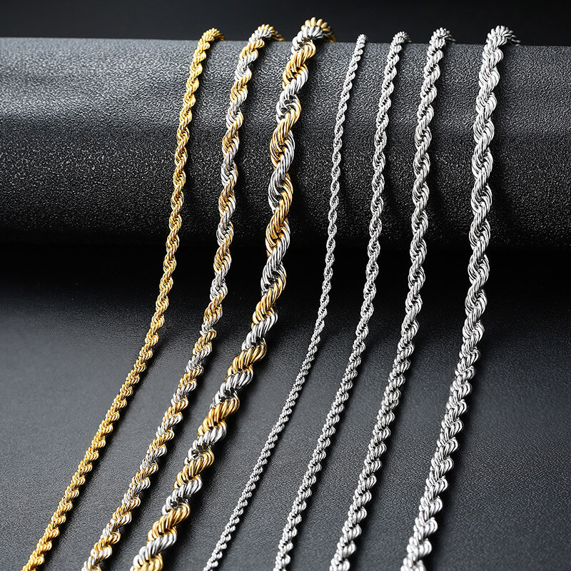 Stainless Steel Twisted Rope Silver Chain Necklace Men Women 2/2.5/3/4/5/7/9/mm