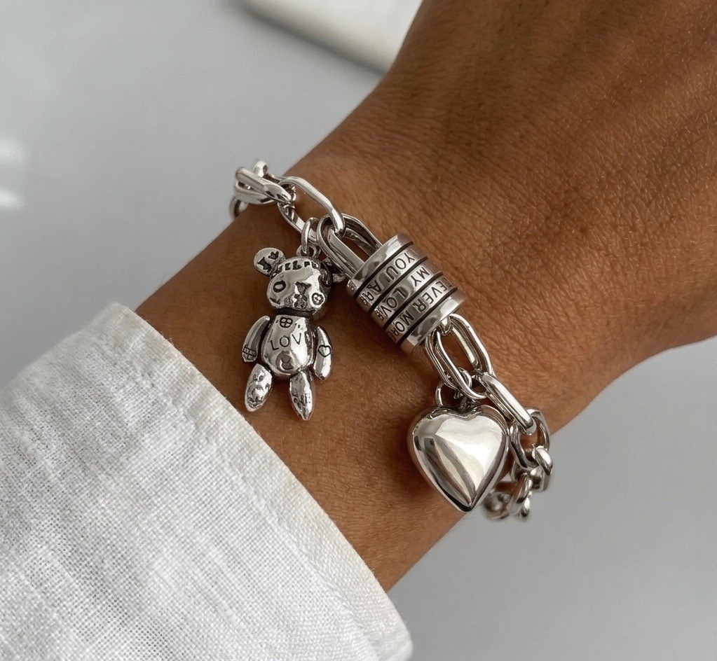 Silver Teddy Bear Heart Charm Bracelet Y2K Tous STYLE Boho Chain Love Peace VTG
