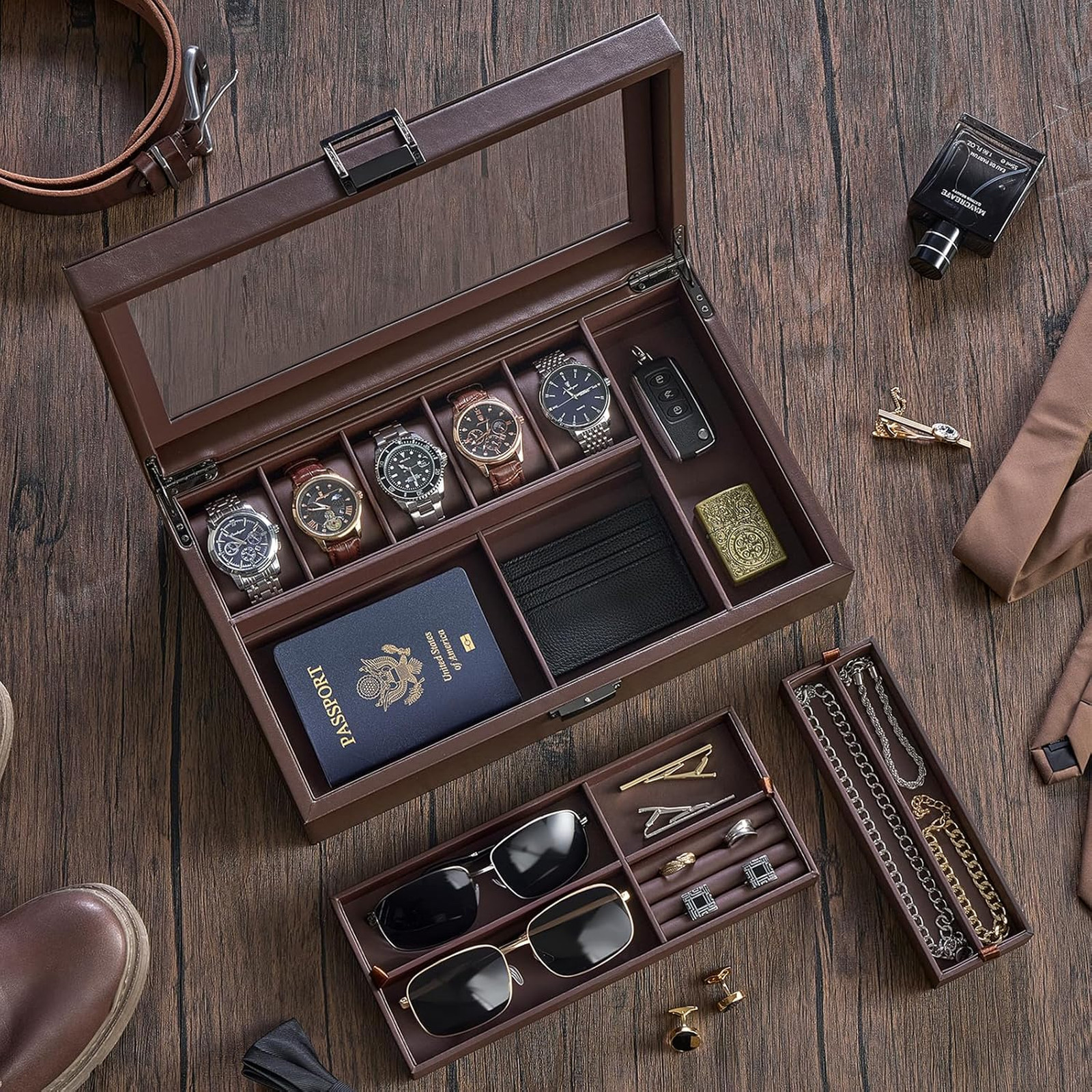 Men’s Jewelry Box with Glass Lid and Hidden Compartment, 5 Watch Slots, Leather