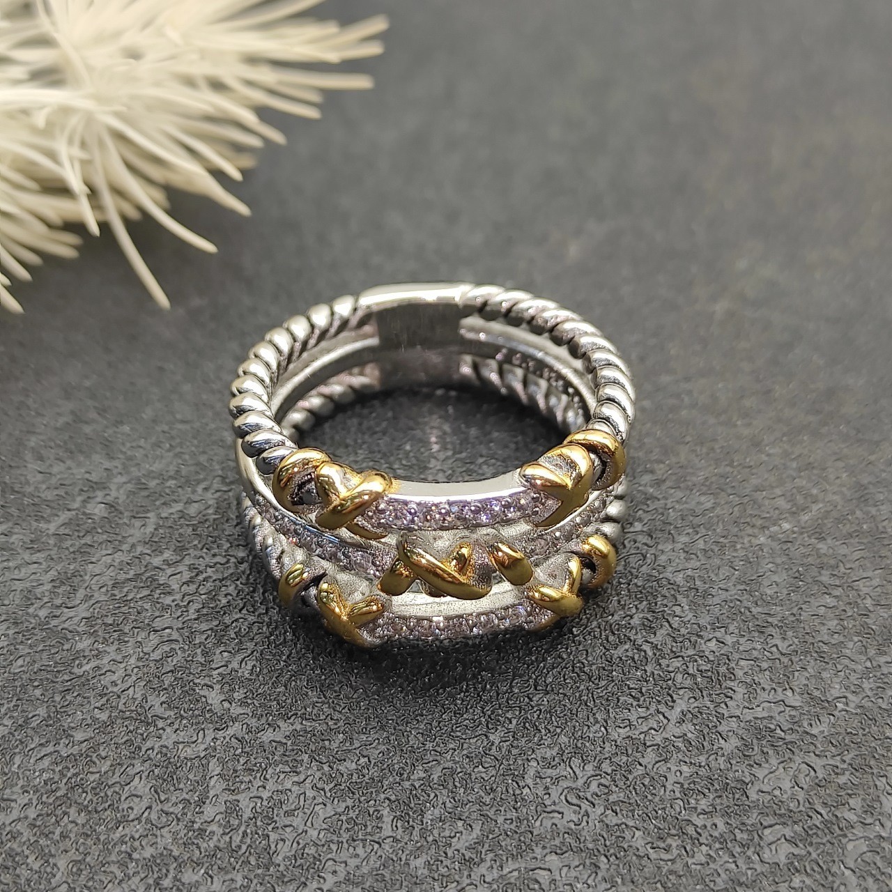 David Yurman Twisted Wrap Band 925 Silver 18K Gold Three Row Pave Diamond Ring 8