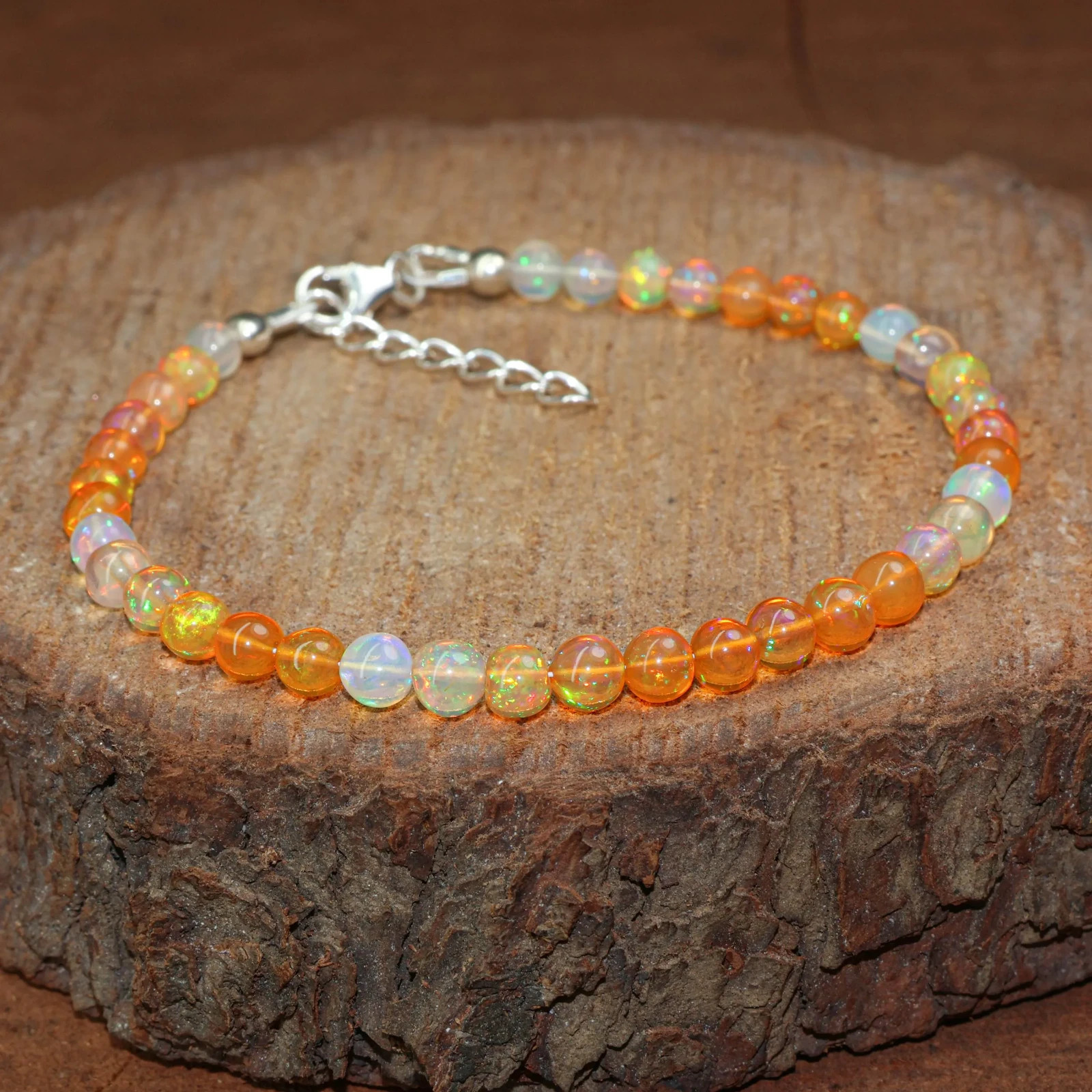Orange Opal Gemstone Round Beads Bracelet, Genuine Fire Opal Beaded Bracelet