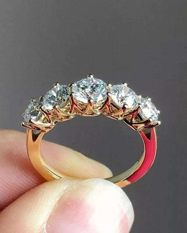 1.50Ctw Real Moissanite Five Stone Half Wedding Band Ring 14k Yellow Gold Plated