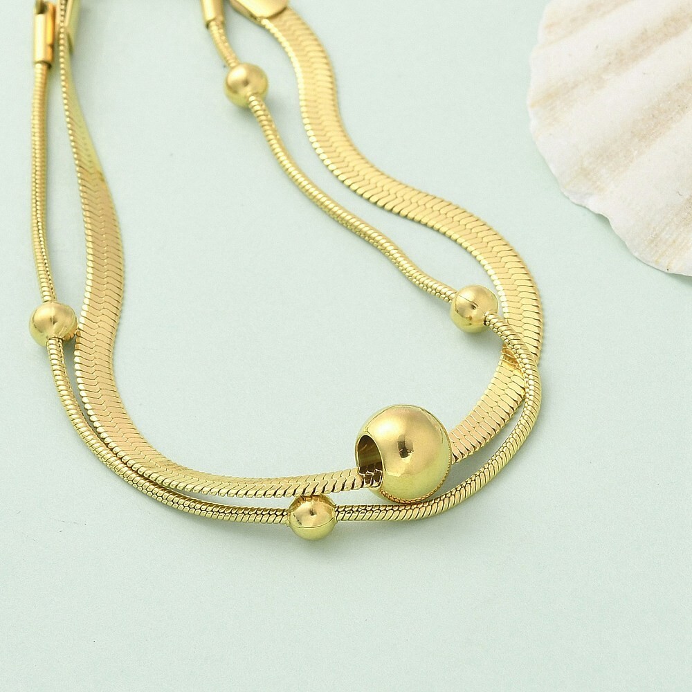 14K Gold Plated Stainless Steel Herringbone Snake Bracelet Bead Adjustable T34