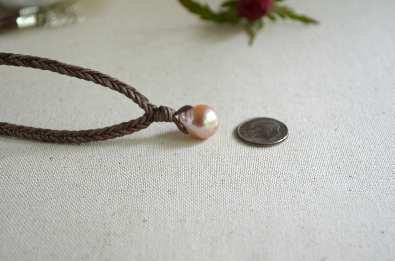 Edison Pearl Necklace Pink 12x15mm Braided Leather Cord Minimalist Pendant 16″