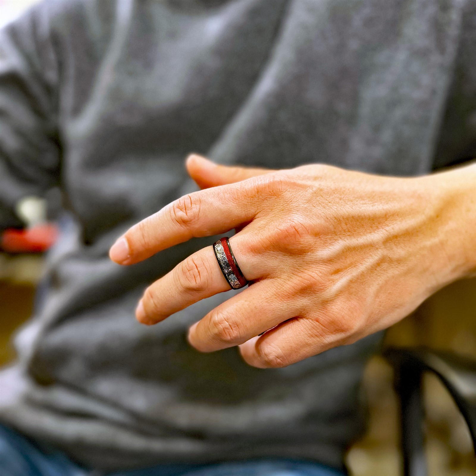 Black Men’s Tungsten Carbide Clockwork Gears & Red Wire Wedding Band Ring