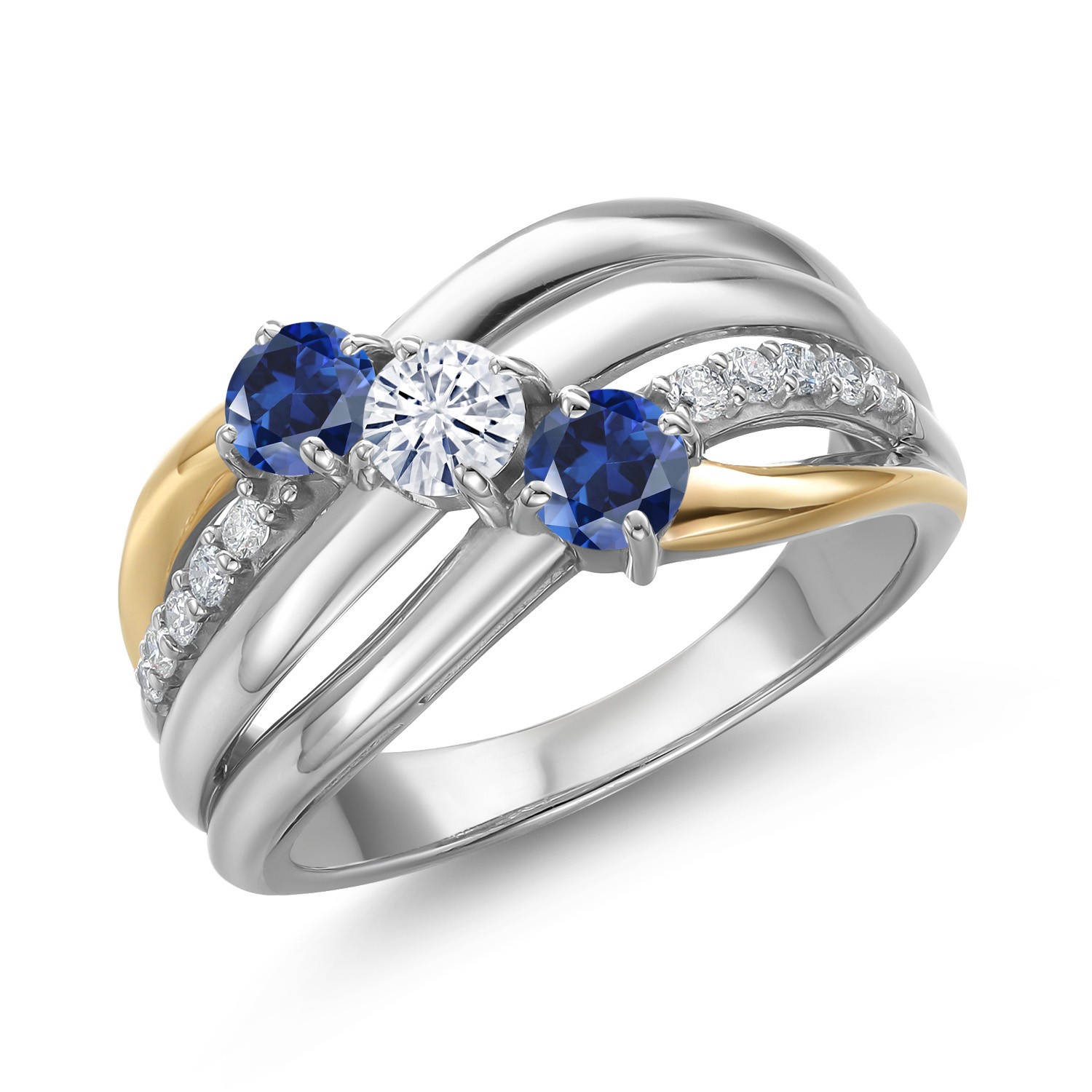 925 Silver and 10K Yellow Gold Created Sapphire and Moissanite and Lab Grown