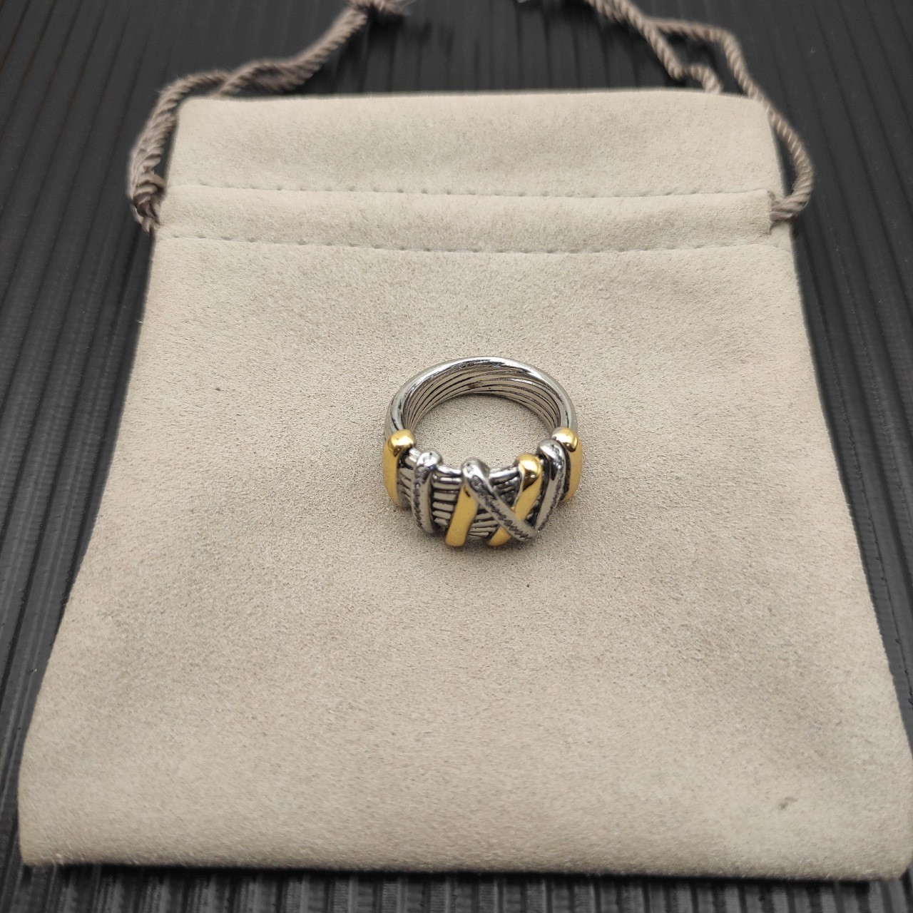 David Yurman Crossover Ring Sterling Silver 18K Yellow Gold With Pave Diamonds 7