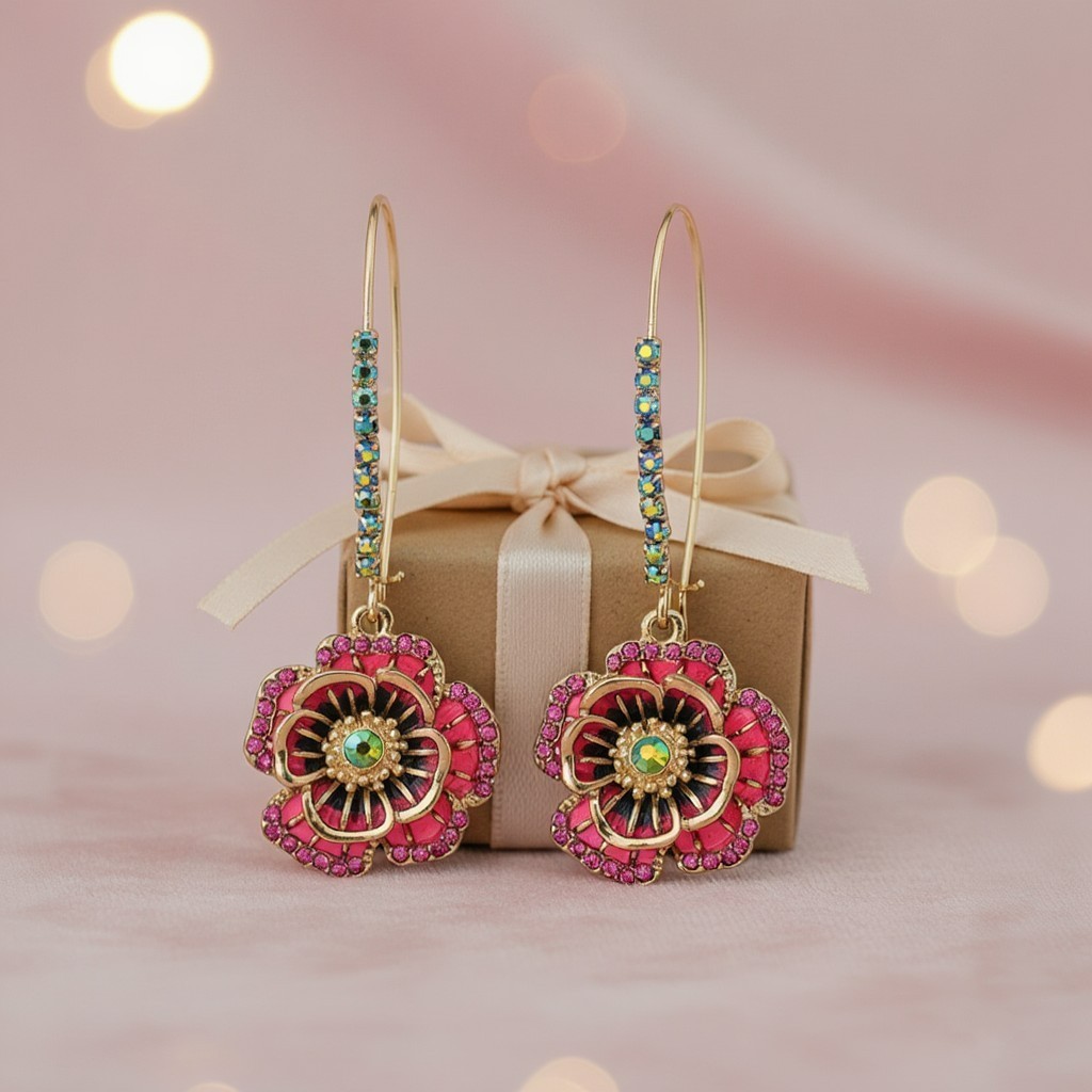 Floral Drop Earrings Women Gold Tone Crystal Rose Flower Hook Statement Boho