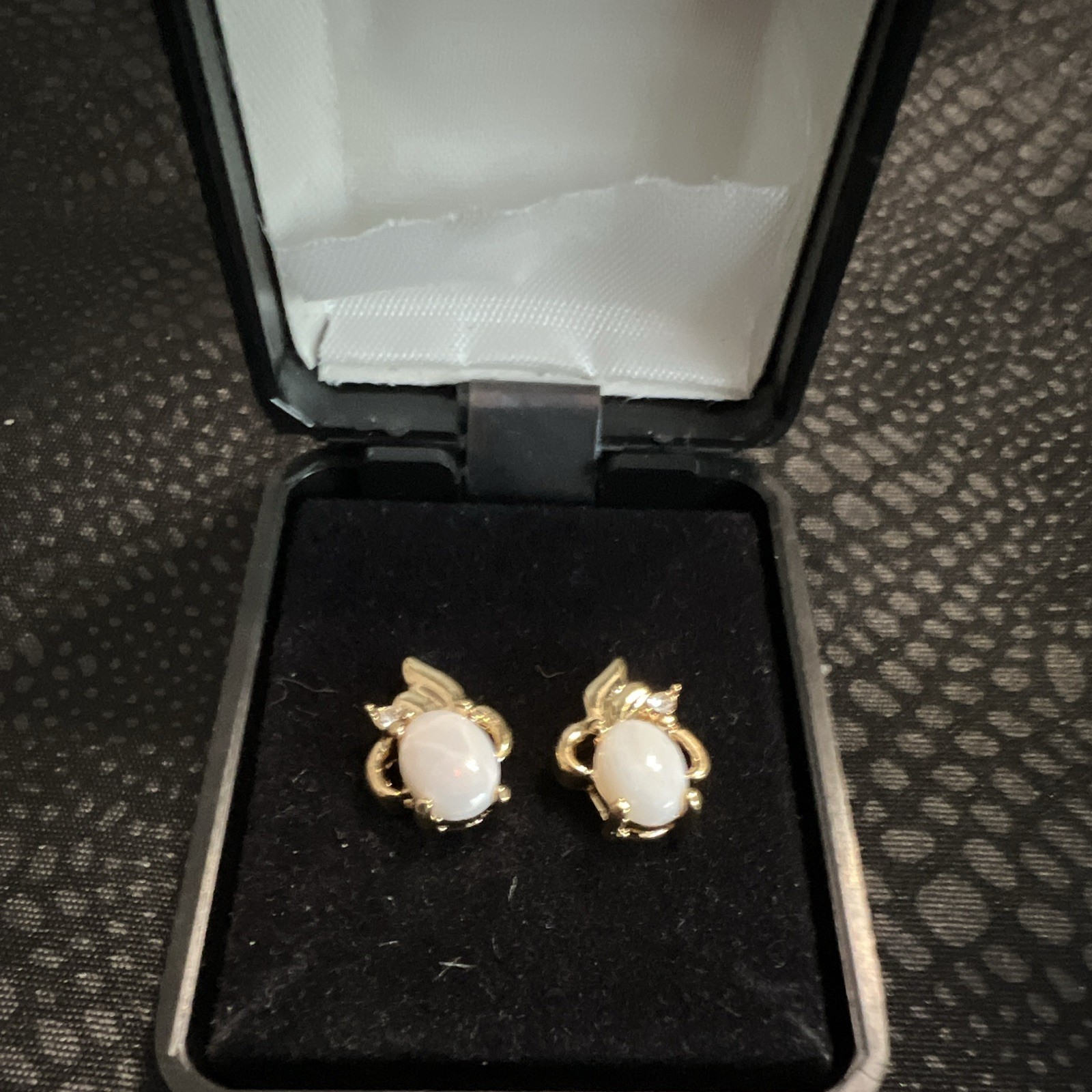 Natural White Oval Opal Stud Earrings Gold Tone Metal Prong Set Butterfly Back