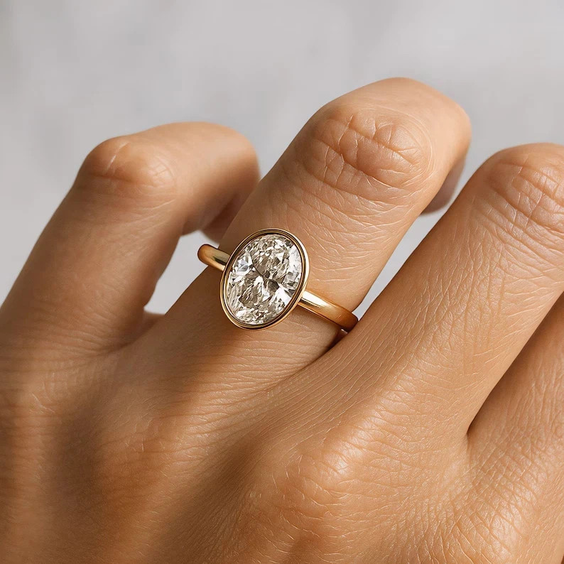14k Yellow Gold Plated Engagement Bezel 2 Ct Oval Lab Created Moissanite Ring