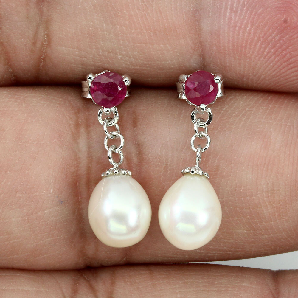 925 Sterling Silver Earrings Round Ruby 4mm Pearl Gemstone Jewelry