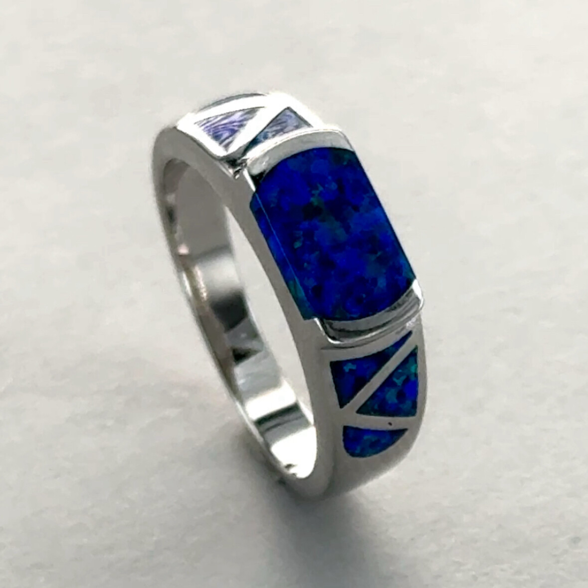 Blue Square Rectangle Fire OPAL Ring Rhodium finished 925 STERLING SILVER #1004