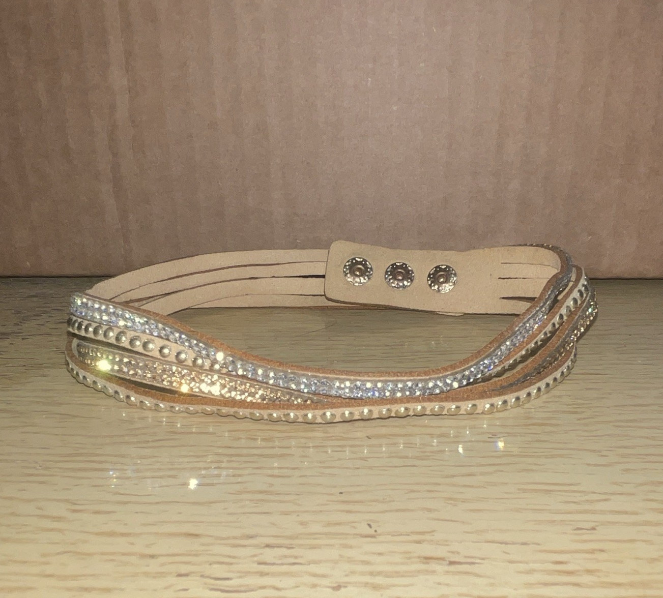 Beige Faux Leather Wrap Beaded Bracelet Snap Closure Clear Crystal Rhinestones