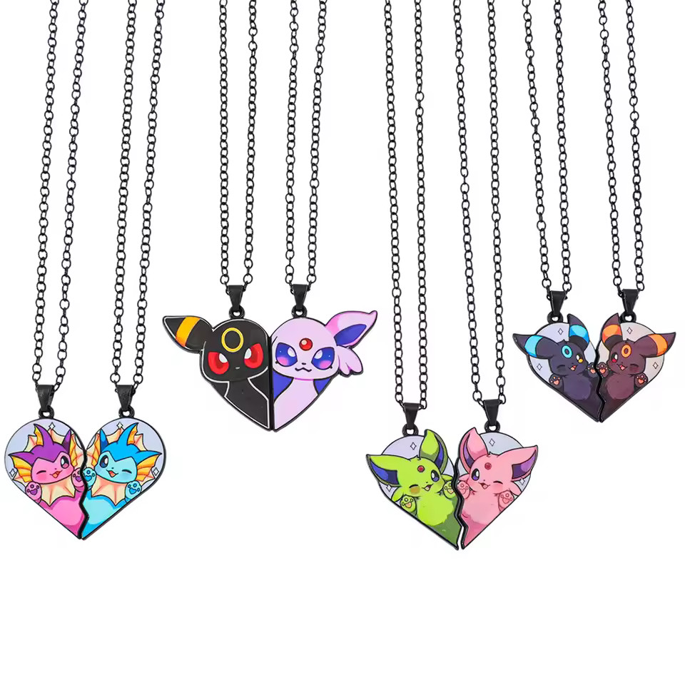 Random 2-piece Cute Eevee Cartoon Pendant Necklace with Heart Patchwork