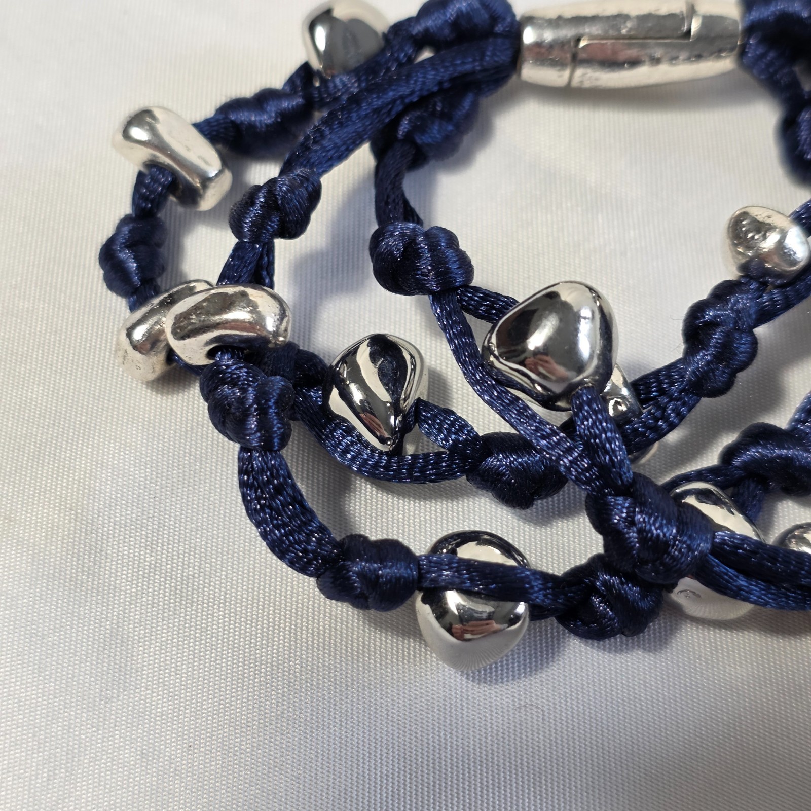 Chico’s Blue Silk Cord Multi-Strand Knotted Bracelet Silver Pebble Beads NEW