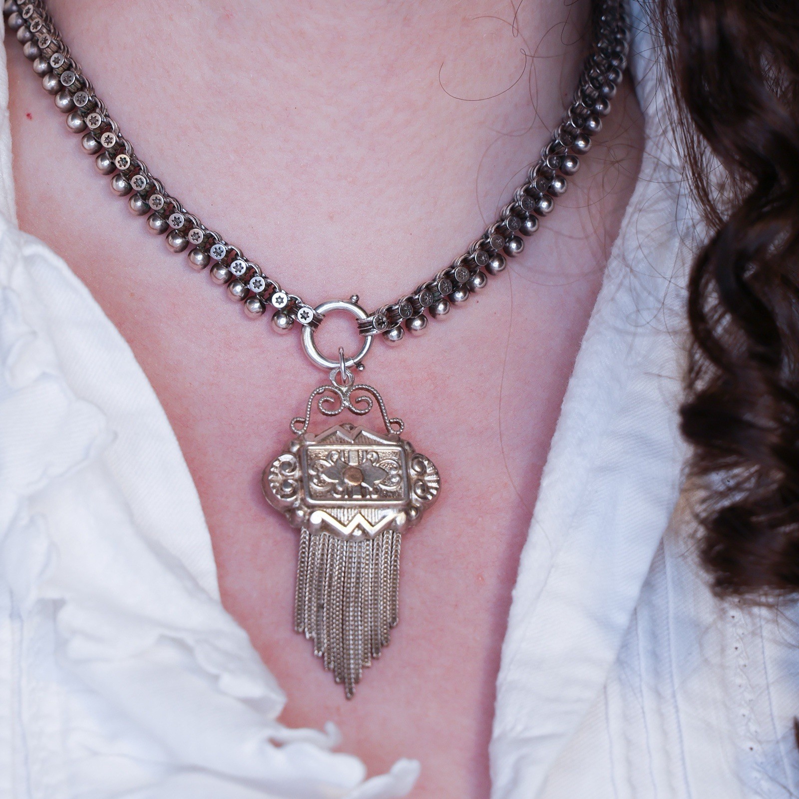 Antique French Puffy Tassel Charm Sterling Silver Die Struck Engraved Gold Wash