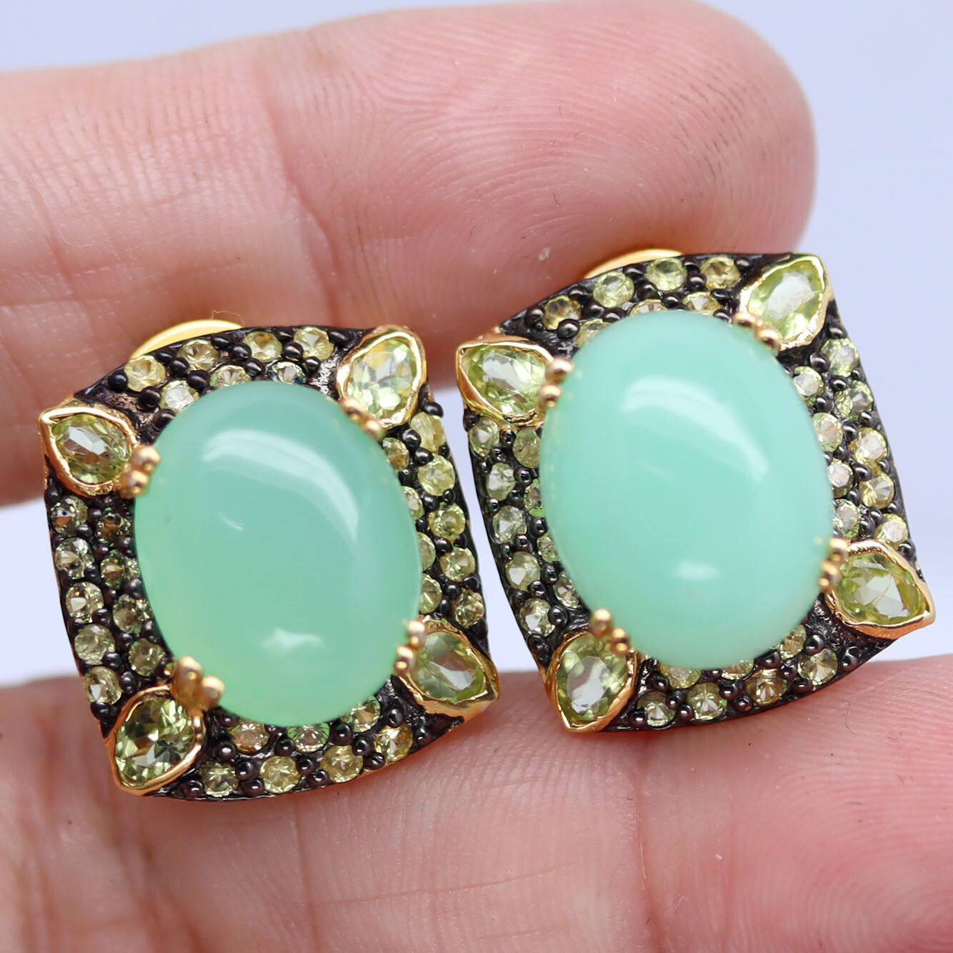 925 Silver 12×15 MM. Green Chrysoprase, Peridot & Sapphire Black Friday Earrings