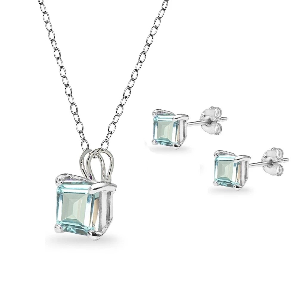 Princess-Cut Solitaire Aquamarine Necklace & Stud Earrings Set in 925 Silver