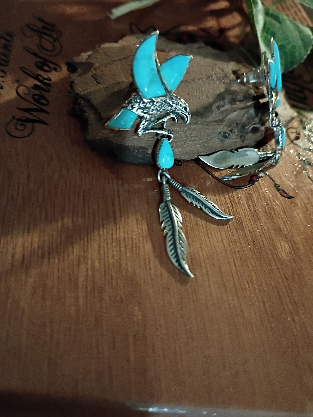 Turquoise Eagle Dangle Earrings with Feathers 925 Silver-Marked Philippines