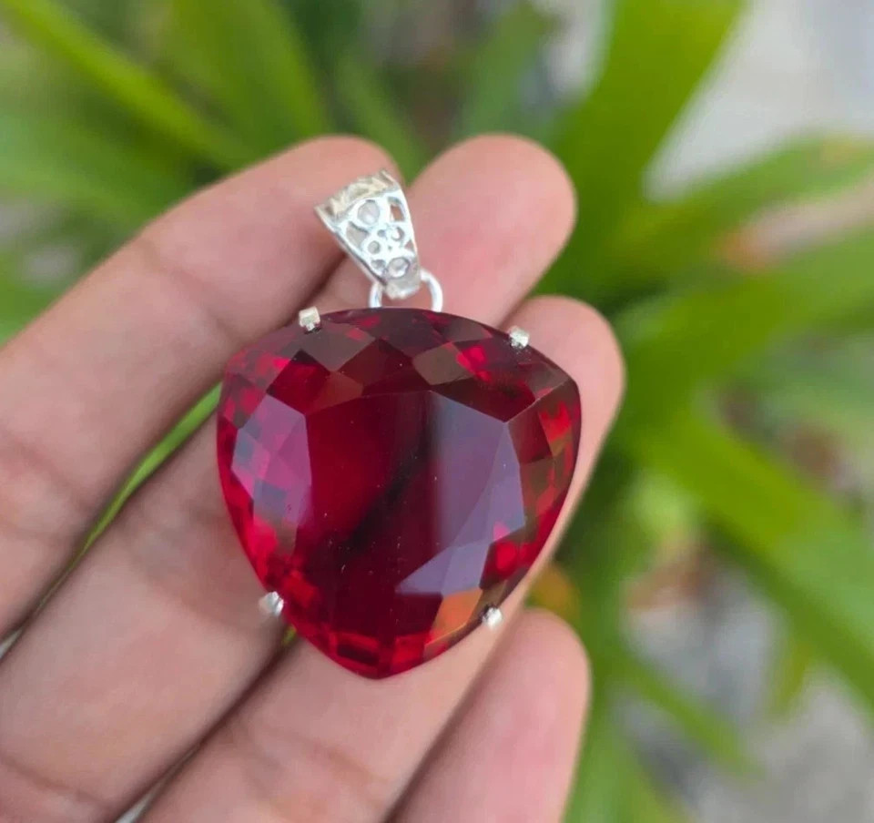 Natural Red Ruby 35 Ct Trillion Loose Gemstone 925Solid Silver Certified Pendant
