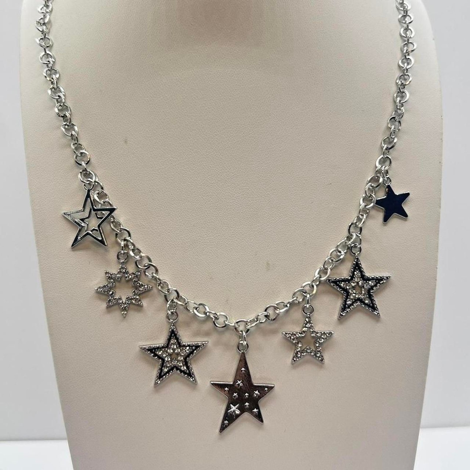 Silver Tone Star Charm Necklace Statement Celestial 19” + Extender
