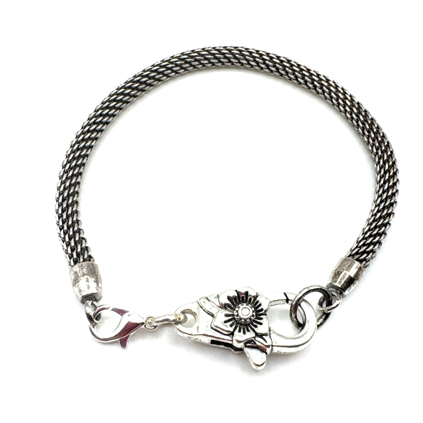 Brighton Mesh Clip On Charms Bracelet W/ Non-Brand Etched Flower Clasp 8 Inch