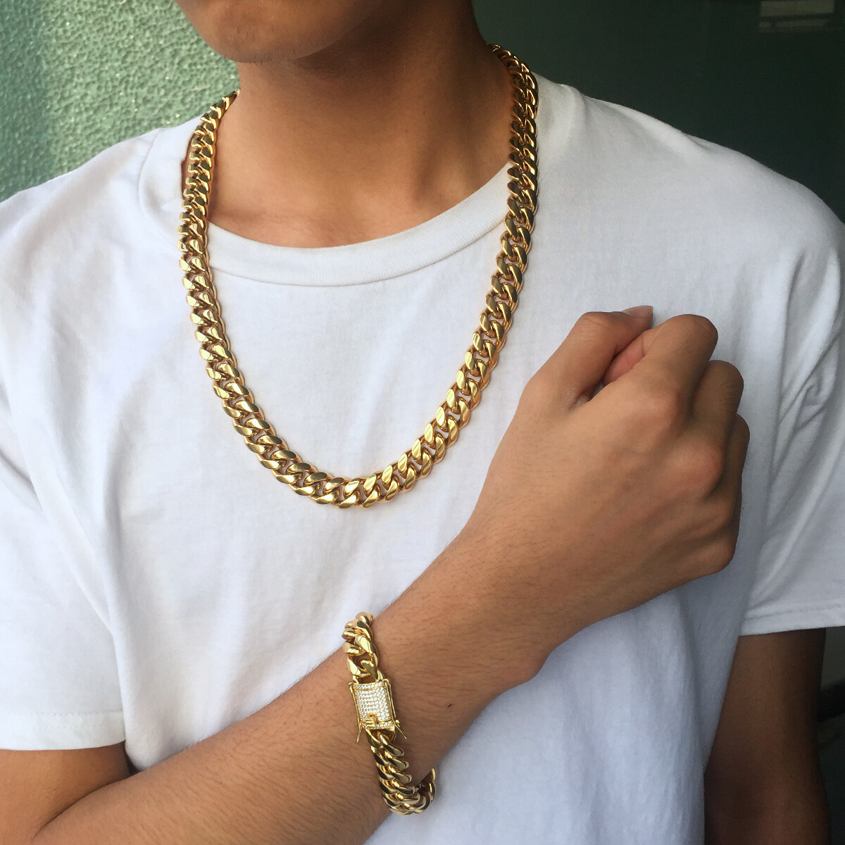 Miami Cuban Link Chain Bracelet Set For Men Solid 316L Stainless Steel 18K Gold