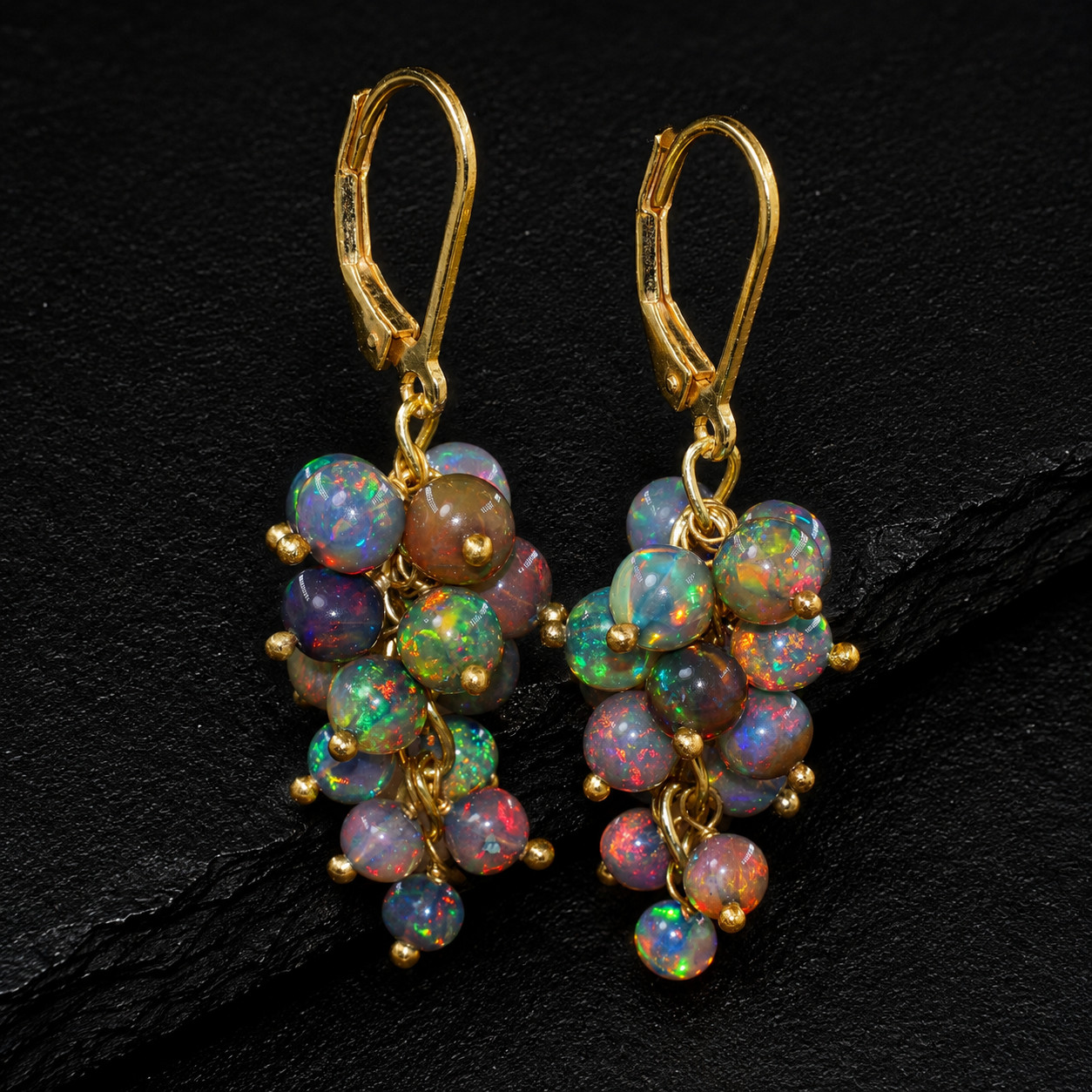Genuine Black Ethiopian Opal Dangle Cluster Earrings 18k Gold Filled 925 Silver