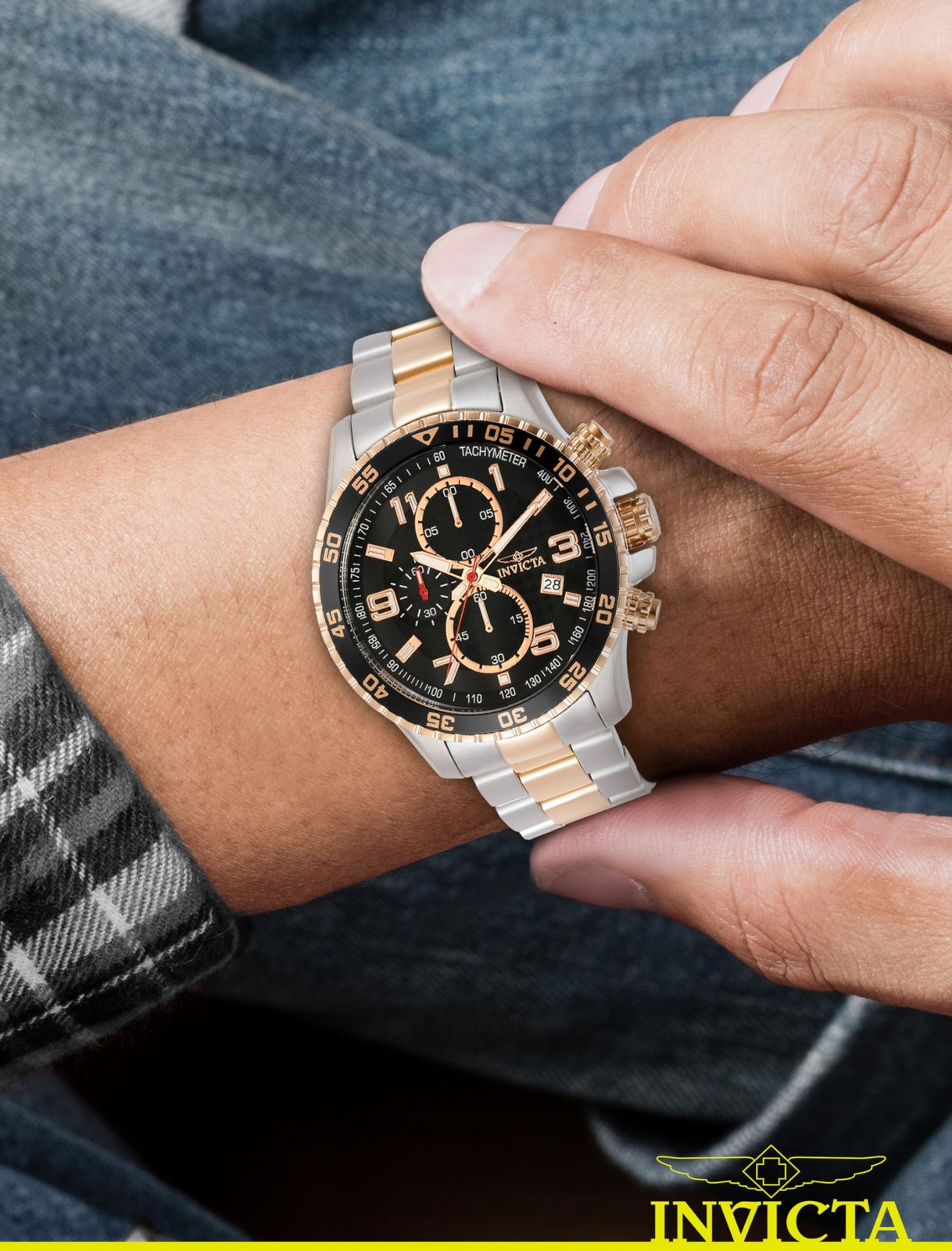 Invicta Men’s 14877 Specialty Chronograph Black Textured Dial Two Tone Stainless