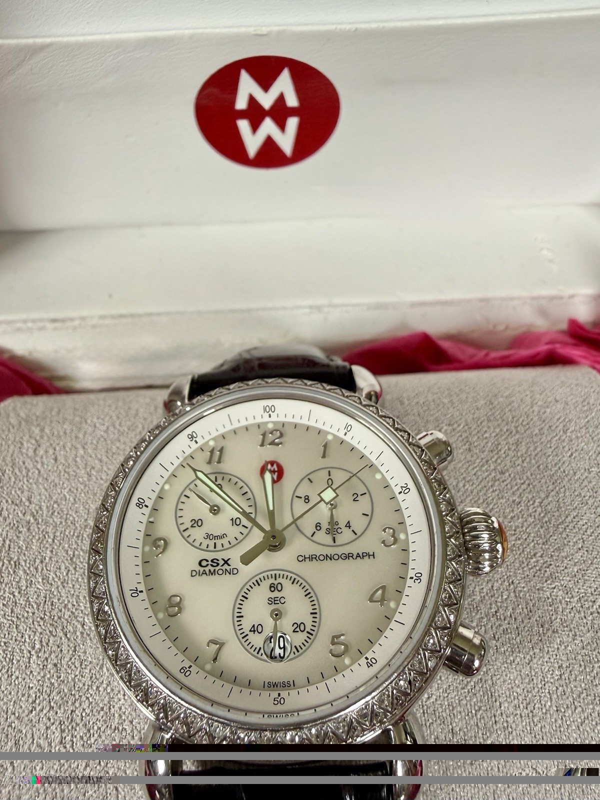 Michele CSX Diamond Chronograph Date White Dial 33mm Black Leather 5 ATM