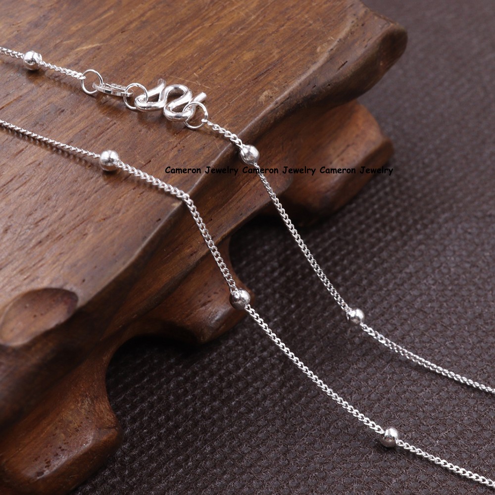 Pure S999 Fine Silver 999 Satellite Beads Chain Curb Link Necklace 2-3g 17.9inch