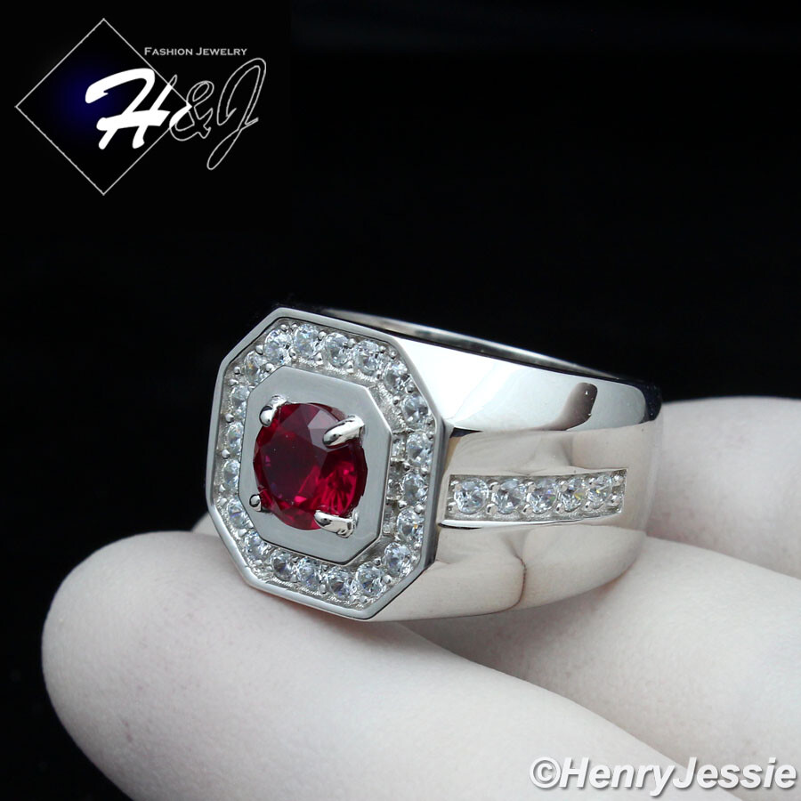 MEN 925 STERLING SILVER ICY BLING CUBIC ZIRCONIA ROUND SIMULATED RUBY RING*SR158