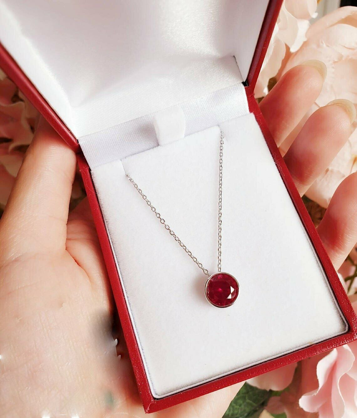 2 CT Solitaire Pink Ruby Bezel Set Pendant With Free Chain 14K White Gold FN