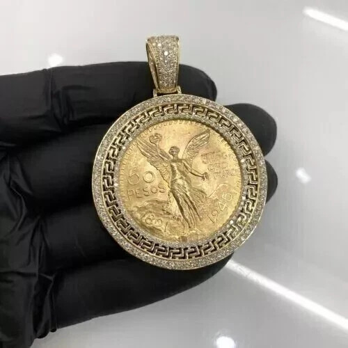 1.80Ct Round Real Moissanite 50 Pesos Centenario Pendant 14K Yellow Gold Plated