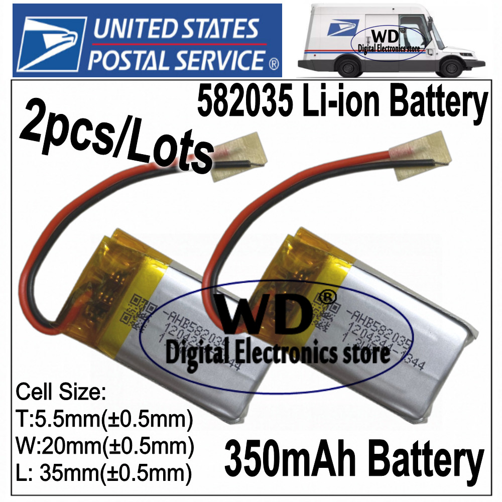 USPS 2pcs 582035 / 602035 350mAh Li-ion Battery for MP3 GPS bluetooth earphone